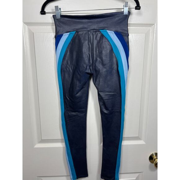 Spanx Faux Vegan Leather High Waist Blue Track Stripe Leggings Women's Small - Picture 4 of 11